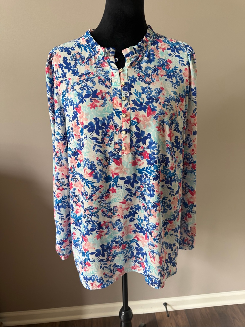 Talbots Floral Button-Front 3/4 Sleeve Blouse - Blue & Pink XL